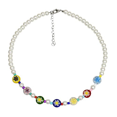Healvian Bunte Glasperlen Halskette Damen Clavicle Kette mit Blumenmotiv Valentinstag Modisches Schmuckaccessoire von Healvian