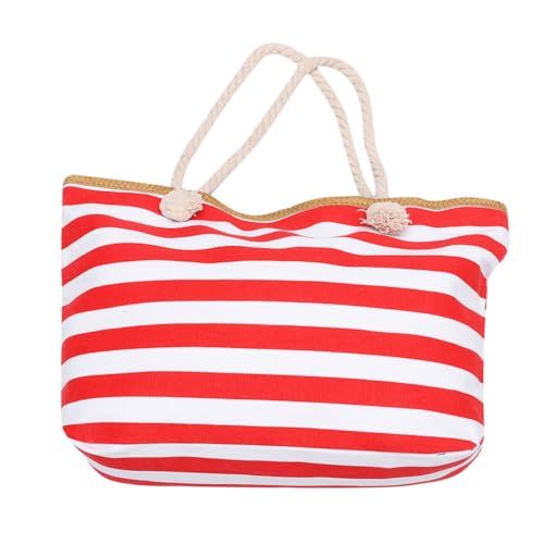 Healvian Canvas Schultertasche Damen mit Reißverschluss Leichte Gestreifte Umhängetasche für Strand Shopping und Alltag Praktische Rote Strandtasche mit Modischem Streifenmuster von Healvian
