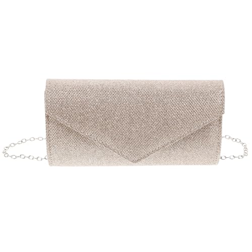 Healvian Clutch Tasche für Damen mit Abnehmbarer Metallkette Funkelnde Abendtasche für Hochzeit und Ball Kompakte Umhängetasche aus Langlebigem PVC Polyester Maße Champagnerfarben von Healvian