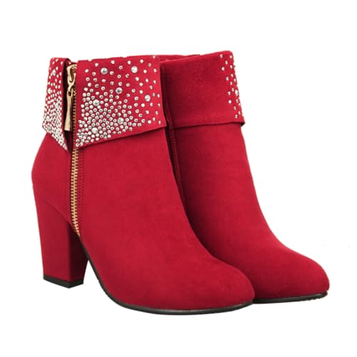 Healvian Damen Ankle Boots mit Hohem Blockabsatz Rote Kurzstiefel mit Funkelnden Strasssteinen Herbst Winter Schuhe für Hochzeit und Festliche Anlässe Bequeme Absatzschuhe von Healvian