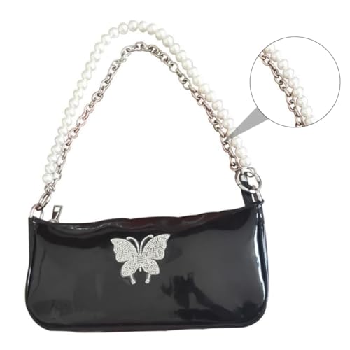 Healvian Damen Crossbody Bag mit Perlen Kettenriemen Pu Optik Umhängetasche Kleine Elegante Schultertasche für Arbeit und Freizeit Schwarz von Healvian