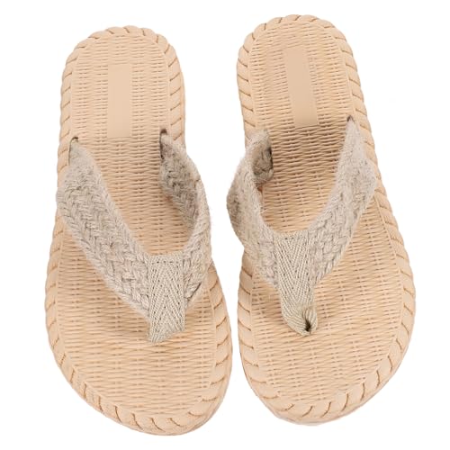 Healvian Damen Flip Flops Imitation Strohbast Sandalen Flach Rutschfest Leicht Sommer Strandschuhe für Alltag Jeans Shorts Kleider von Healvian