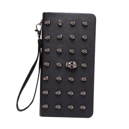 Healvian Damen Geldbörse Lang Schwarz mit Skelett Motiv Reißverschluss Portemonnaie mit Großem Fassungsvermögen für Karten Münzen und Bargeld Multi-Card Handtasche für Outdoor und Alltag von Healvian
