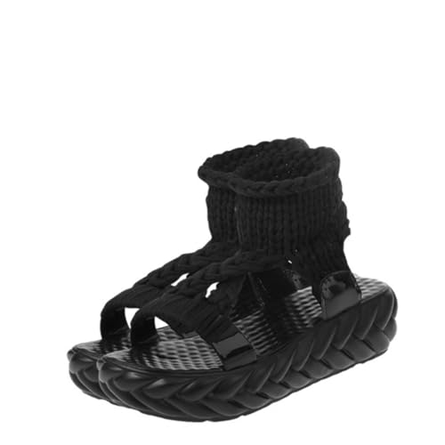 Healvian Damen Gestrickte Sandalen aus Wolle mit Rutschfester Dicker Pu sohle Bequeme Sommerschuhe für Frauen und Schülerinnen Modische Leichte Hausschuhe in Schwarz von Healvian