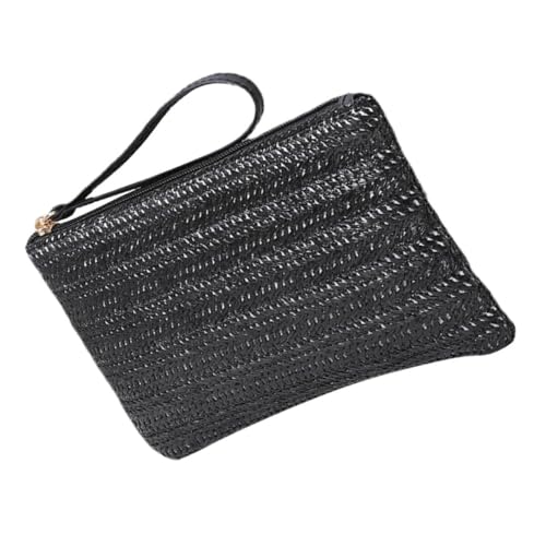 Healvian Damen Handgefertigte Schwarze Strohtasche mit Reißverschluss Große Kapazität Waschbar Vielseitige Clutch für Party Reise Alltag Minimalistisches Design Langlebig und Leicht zu von Healvian