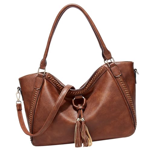 Healvian Damen Handtasche aus PU mit Quasten Große Kapazität Umhängetasche Vintage Schultertasche für Shopping Freizeit und Alltag Braune Crossbody Tote Bag von Healvian