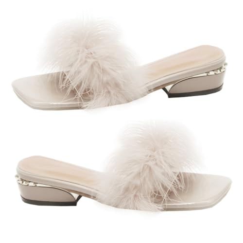 Healvian Damen Hausschuhe Open Toe Slipper mit Chunky Heel Atmungsaktive Sommer Pantoletten aus PU und Gummi Bequeme Modische Sandalen für Strand und Alltag Beige von Healvian