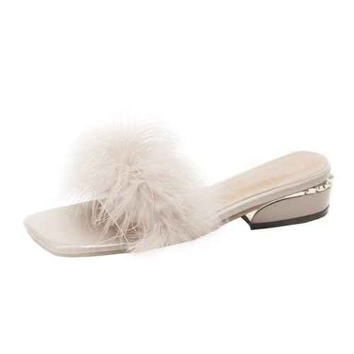 Healvian Damen Hausschuhe mit Wollbesatz Offene Zehen Atmungsaktive Sommer Slipper Flacher Robuster Blockabsatz Bequeme Pantoletten für Drinnen und Draußen Beige von Healvian