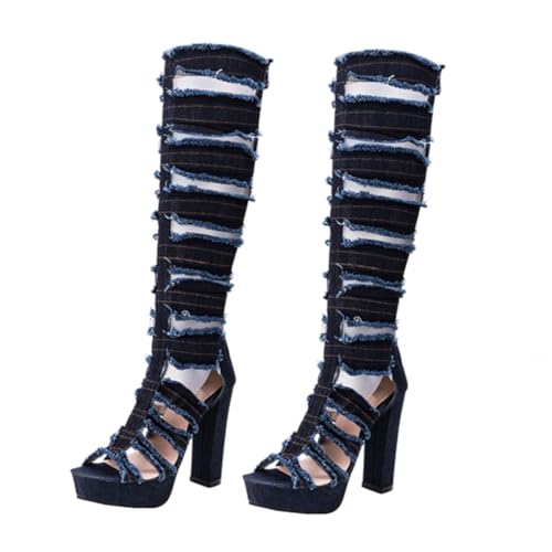 Healvian Damen High Heels Boots aus Atmungsaktivem Denim mit Cut Outs Grobem Absatz und Offenem Zehenbereich Kniehoch Modisch und für Lange von Healvian