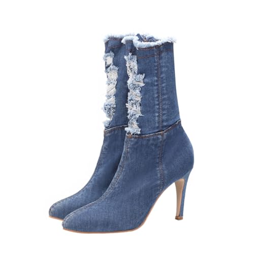 Healvian Damen High Heels Stiefel mit Dünnem Absatz Modische und Rissige Denim Boots Leicht Bequem Langlebig Rutschfest Schlank Machendes Design für Herbst und Winter Hellblau von Healvian