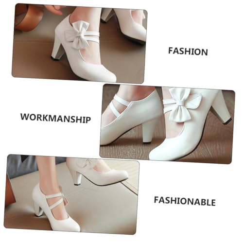 Healvian Damen High Heels mit Grobem Absatz und Schleifen Design PU Halbschuhe rutschfeste Gummisohle Pumps für Party und Alltag Weiß von Healvian