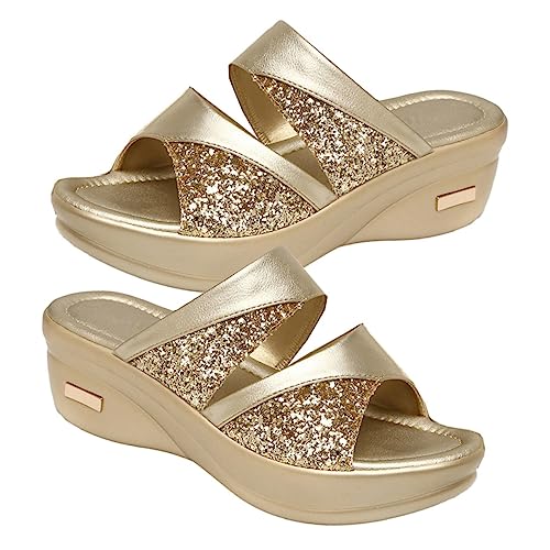 Healvian Damen Keilabsatz Sandalen Sommer Wedges mit Dicker Sohle Stilvolle Offene Zehen Slipper für Freizeit und Strand Bequeme Outdoor Mom Schuhe in Gold von Healvian