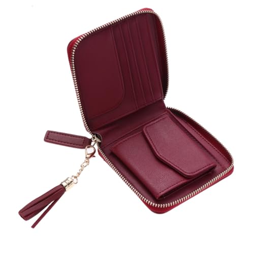 Healvian Damen Portemonnaie Kurz mit Reißverschluss und Tassel Kleine Quadratische Geldbörse aus PU Modische Clutch in Weinrot Kompakt für Karten und Bargeld Leicht und Tragbar für Alltag von Healvian