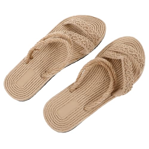 Healvian Damen Sandalen Flach Sommer Sandalen mit Gewebter Sohle Bequeme Strand Schuhe Modische Pantoletten für Frauen Beige von Healvian