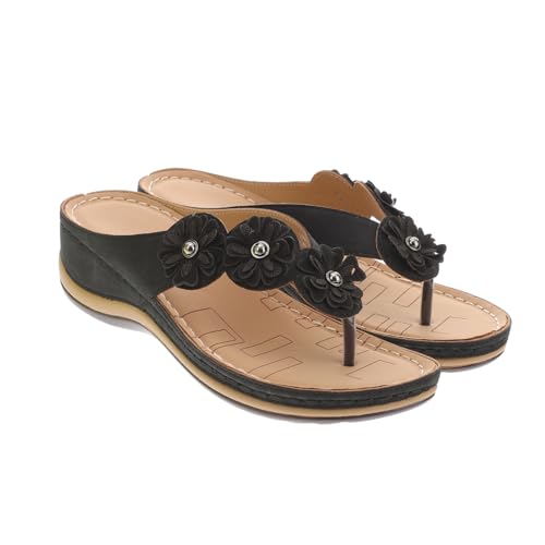 Healvian Damen Sandalen Keilabsatz Schwarz Komfortable Modische Blütenslipper mit Rutschfester Sohle Leichte Sommerschuhe für Strand und Freizeit Einfach Anzuziehen Langlebiges Material von Healvian