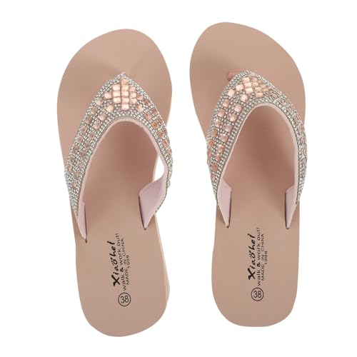 Healvian Damen Sandalen Sommer Beach Shoes mit Rutsch Sohle Perlen und Glitzersteinen Plateau Flops mit Bequemem Keilabsatz Strandschuhe für Frauen von Healvian