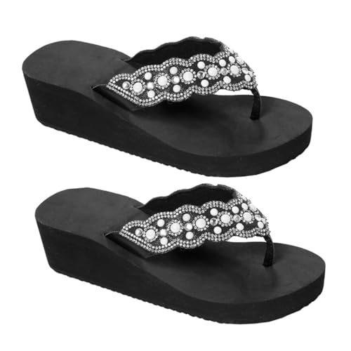 Healvian Damen Sandalen Sommer Flach Zehentrenner mit Perlen Wasserfest Rutschfest Strand Schuhe Schwarz Komfortable Pantoffeln mit Rutsch Sohle und Angenehmem Keilabsatz von Healvian