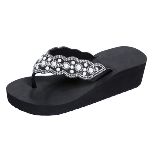 Healvian Damen Sandalen Sommer Flops mit Rutsch Sohle Keilabsatz Perlen und Strassbesatz Komfortable Sommerschuhe für Strand und Freizeit Schwarz von Healvian