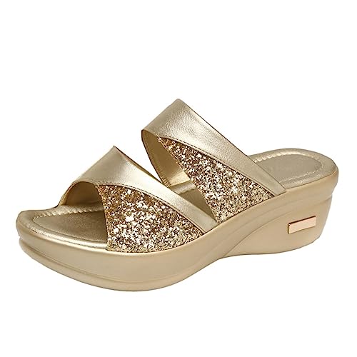 Healvian Damen Sandalen Sommer Goldfarbene Wedges Slipper mit Dicker Sohle Fischmaul Design Komfortable Freizeitschuhe für Alltag und Strand von Healvian