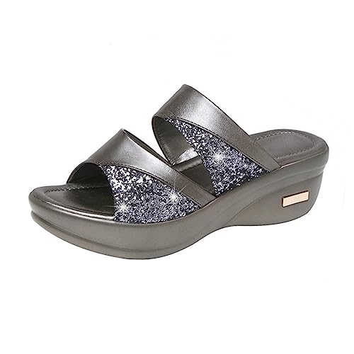 Healvian Damen Sandalen Sommer Keilabsatz Hausschuhe mit Dicker Sohle Stylische Fischmaul Outdoor Slipper für Freizeit und Strand Graue von Healvian