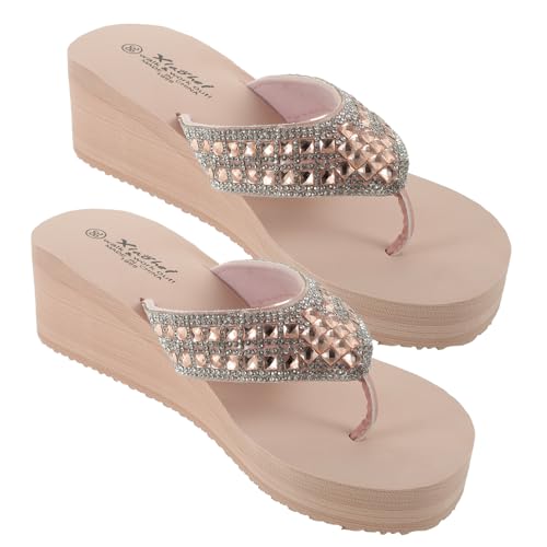 Healvian Damen Sandalen Sommer Strandschuhe mit Perlen und Glitzer Rutschfeste Sohle Bequeme Keilabsatz Flip Flops für Frauen Flache Schuhe für Strand und Alltag von Healvian