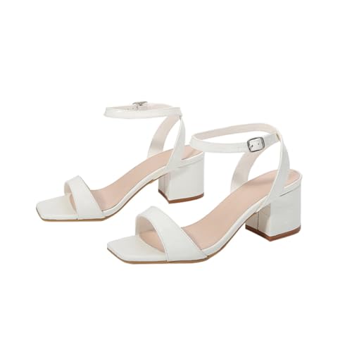 Healvian Damen Sandalen mit Chunky Blockabsatz Weiße Sommer Schuhe aus PU und Gummi Bequeme Lady High Heels Eleganter Eckiger Zeh für Urlaub Strand und Freizeit von Healvian