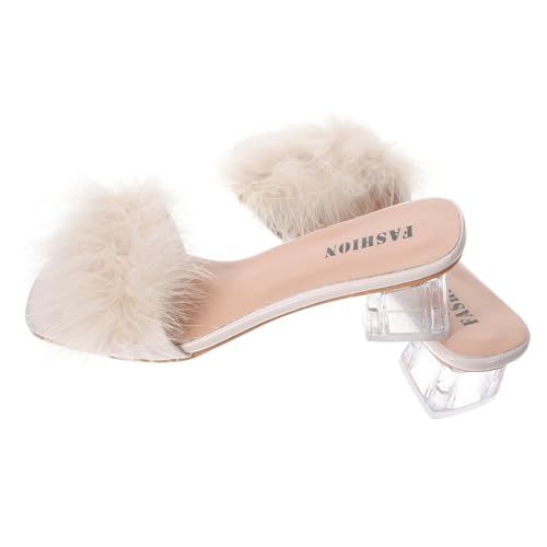 Healvian Damen Slipper Sommer Beige PU Gummi Offene Zehen Niedriger Absatz Bequeme Chunky Heel Hausschuhe Für Freizeit Indoor Outdoor von Healvian