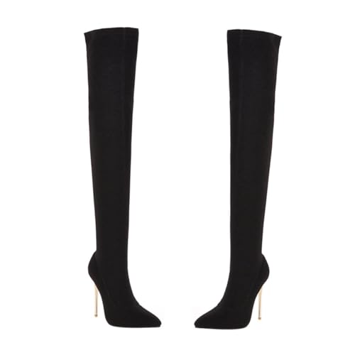 Healvian Damen Stiefel mit Dünnem Absatz Overknee Langschaft Winter Herbst Hoher Absatz Schwarz PU Oberfläche Atmungsaktive Einlegesohle Rutschfest und Strapazierfähig von Healvian