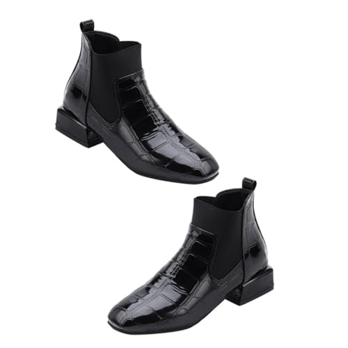 Healvian Damen Stiefeletten mit Elastischem Einsatz und Dickem Absatz Lackiertes Quadratische Spitze Einfaches Ausziehen Bequeme Boots in Schwarz von Healvian