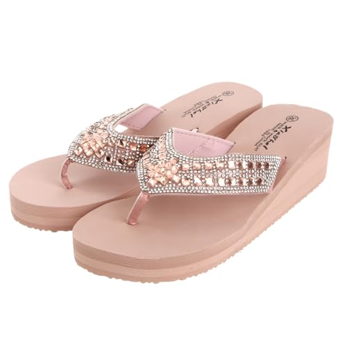 Healvian Damen Strand Schuhe Wasserfeste Sandalen mit Perlen Verzierung Rutschfeste Sohle Sommer Flip Flops Plateau Keilabsatz für Freizeit und Urlaub in Rosa von Healvian