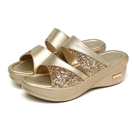Healvian Damen Wedgesandalen mit Dicker Sohle Offene Fischmaul Slipper Goldfarbene Sommer Hausschuhe für Frauen Bequeme Outdoor Mom Schuhe Rutschfest Modisch von Healvian