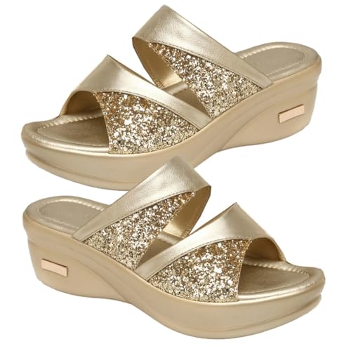 Healvian Damen Wedgeslipper Sommer Thickened Keilabsatz Strand Pantoletten Bequeme Casual Schuhe für Frauen Gold von Healvian