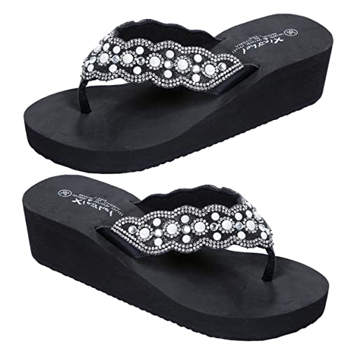 Healvian Damen Zehentrenner Sandalen mit Perlen und Glitzer Rutschfeste Sommerschuhe mit Keilabsatz Bequeme Strandflops für Frauen Atmungsaktiv Langlebig Schwarz von Healvian