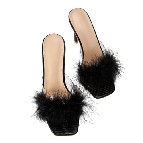 Healvian Damensandalen mit Quadratischer Spitze und Dünnem High Heel Flauschige Dekoration Transparente Sommerpantolette Leicht Anzuziehen Modisch und Angenehm Schwarz von Healvian