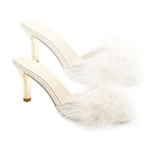 Healvian Delikate Damenpantoletten mit Absatz Komfortable Sommerschuhe Flauschige Offene Zehen Slippers in Weiß beige Rutschfeste Sohle Atmungsaktiv für Alltag und Büro von Healvian