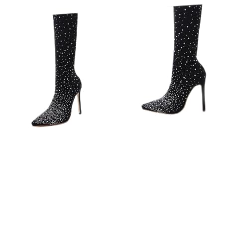 Healvian Elegante Damen Stiefeletten mit Spitz zulaufender Zehenpartie und Funkelnden Strasssteinen High Heels Komfortabsatz Schwarze Modische Boots für Party Hochzeit und Alltag von Healvian