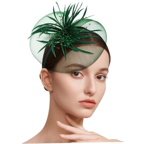 Healvian Eleganter Fascinator Kopfschmuck mit Federn Party Haaraccessoire Dunkelgrüner Netzstoff Haarreif für Damen Stilvoller Haarschmuck für Tanz und Besondere Anlässe von Healvian