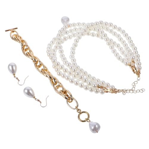 Healvian Elegantes Brautschmuck Damen Perlen Schmuckset mit Mehrschichtiger Halskette Armband und Ohrringen Goldfarbenes Alloy Material Vielseitig für Hochzeit Party Abschlussball und von Healvian