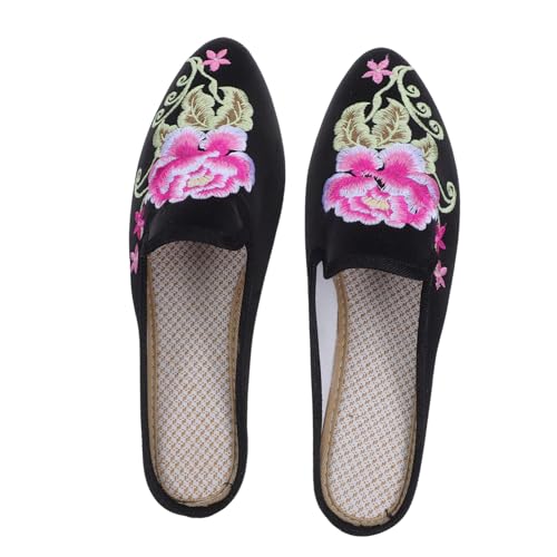 Healvian Ethnische Damen Hausschuhe mit Besticktem Stoff Obermaterial Bequeme Slipper mit Weicher Sohle Modisch und Vielseitig für Indoor und Outdoor Schwarz von Healvian