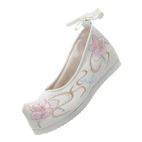 Healvian Ethnische Damen Schuhe Chinesische Retro Stickerei Slope Heel Hanfu Schuhe mit Erhöhter Sohle Weiß Traditionelle Alte Stil Bühne und Alltagsmode von Healvian