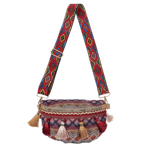 Healvian Ethnische Stil Damen Brusttasche mit Quasten Breitem Verstellbarem Gurt Kleine Leichte All in One Bauchtasche für Shopping Reisen und Alltag Langlebiges Material Vielseitig von Healvian