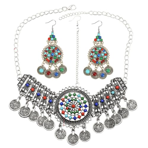 Healvian Ethnisches Schmuckset Damen Verstellbares Haarband und Lange Ohrhänger Boho stil Silberfarbene Kopfschmuck Ohrringe für Hochzeiten Partys und Besondere Anlässe von Healvian