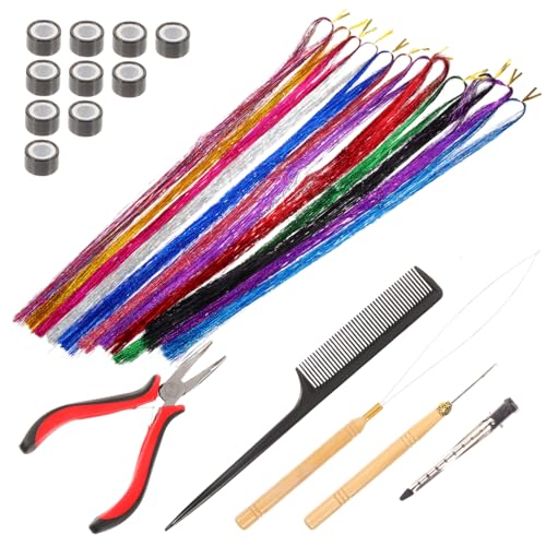 Healvian Farben Haar Tinsel Extensions mit Silikon Ringen Holzgriff Häkelnadel und Spitzkamm Bunte Haarsträhnen zum Einflechten Haar Accessoires für Frauen Geeignet für Festivals Partys von Healvian