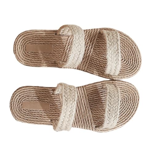 Healvian Flache Damen Sandalen mit Strohsimulation Modische Bequeme Beach Slipper Leichte Sommerschuhe für Alltag und Strand Rutschfest Vielseitig Kombinierbar Beige von Healvian