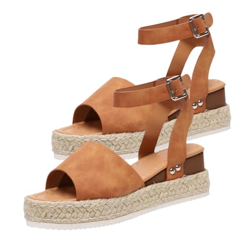 Healvian Flache Espadrilles Damen Sandalen mit Strohgeflechtener Plateau Sohle Rutschfest Langlebig Braune Sommer Schuhe Große für Strand und Freizeit von Healvian
