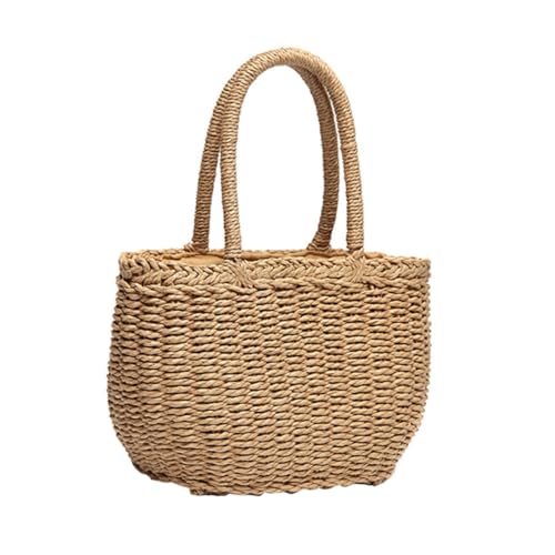 Healvian Geflochtene Damen Handtasche aus Weizenstroh Schultertasche mit Praktischem Kordelzug Leichte Tragetasche für Strand Arbeit und Reisen Khakifarbene Umhängetasche von Healvian