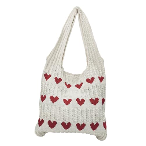 Healvian Gestrickte Damen Handtasche mit Herzmuster Stilvolle Tragbare Häkel Tote Bag Langlebige Schultertasche Leichte Tasche für Alltag und Freizeit von Healvian