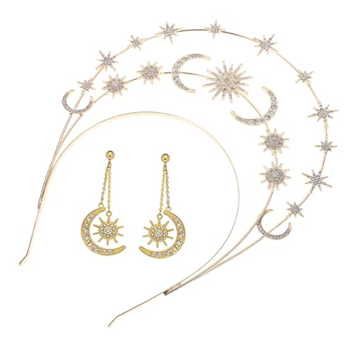 Healvian Glänzendes Stern Mond Haarschmuck mit Krone und Ohrhängern Mehrschichtiges Goldenes Tiara Stirnband Eleganter Kopfschmuck für Hochzeit Party und Göttinnen Look von Healvian