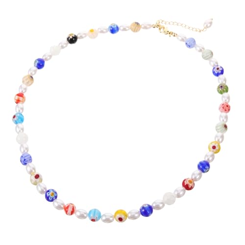 Healvian Glasperlenkette Damen Candy farben Rund Perlen Halskette mit schimmernden Kunstperlen Vintage Blütenmuster Schmuck für Frauen und Mädchen von Healvian