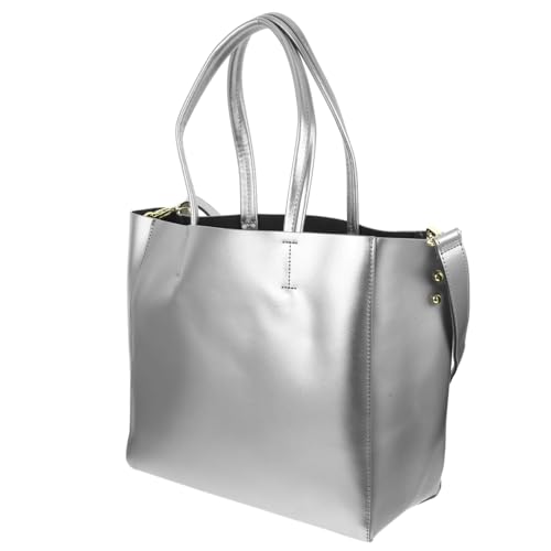 Healvian Große Damen Schultertasche aus Robustem Rindsleder mit Kleiner Kosmetiktasche Vielseitige Handtasche für Alltag und Büro Eleganter Silbergrauer Shopper mit Geräumigem Innenfach von Healvian